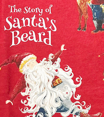 Detail of Santa illustration and title The Story of Santa's Beard on kids pajama top