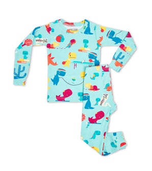 Kids' pajamas with colorful dinosaur print inspired by Tiny T.Rex story
