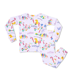 Kids pajama set with Uni the Unicorn and colorful unicorn print
