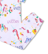 Detail of Uni the Unicorn pajama pants with whimsical unicorns and flowers