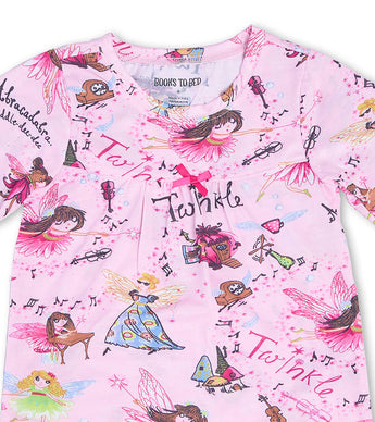 Close-up of Twinkle fairy print on pink nightdress