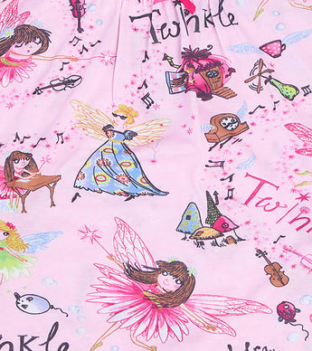 Colorful fairies and music-themed artwork on pink nightdress