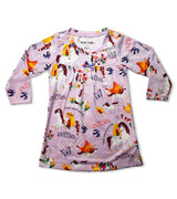 Children's nightdress with Uni the Unicorn print and colorful storybook illustrations