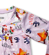 Sleeve detail of Uni the Unicorn nightdress with flying birds and fairies