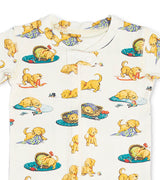 Close-up of Biscuit puppy print on baby coverall