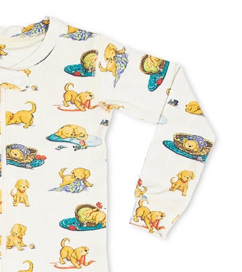 Sleeve detail of Biscuit puppy print baby coverall