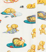Illustrated puppies from Goodnight Biscuit on baby coverall fabric