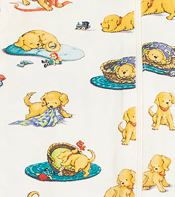 Illustrated puppies from Goodnight Biscuit on baby coverall fabric