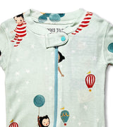 Close-up of baby coverall neckline with playful storybook characters and balloons