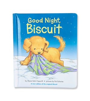 Cover of 'Good Night, Biscuit' children's book featuring a yellow puppy with a blanket