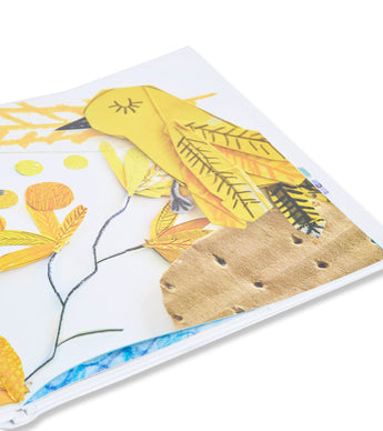 Inside page of The Color Monster book with yellow bird and collage art