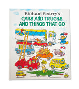 Cover of 'Cars and Trucks and Things That Go' by Richard Scarry, showing colorful vehicles