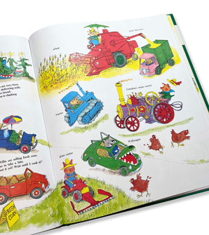 Inside page of 'Cars and Trucks and Things That Go' with illustrated vehicles and animals