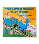 The Little Engine That Could book cover with blue train and colorful illustrations