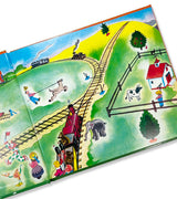 Open pages of The Little Engine That Could showing trains, animals, and countryside