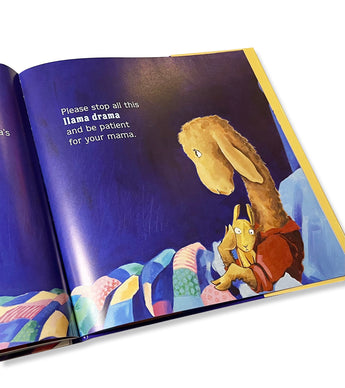 Inside page of Llama Llama Red Pajama book with Llama holding a toy in bed