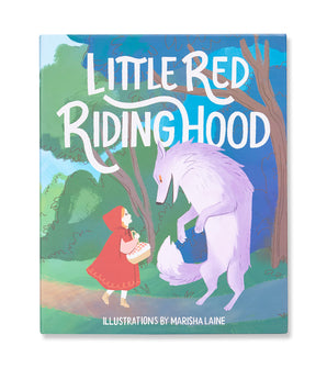 Little Red Riding Hood children's book cover with girl in red cloak and wolf