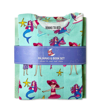 Folded Aqualicious pajama set and book, packaged together for children
