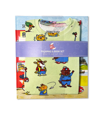 Books to Bed pajama and book set featuring Busy World pajamas and hardcover book