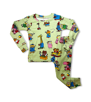 Green pajamas for kids with Richard Scarry's Busy World animal characters