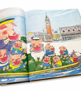 Illustrated storybook page with pigs eating watermelon in Venice