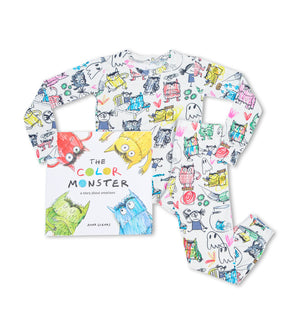 The Color Monster pajama set with book by Anna Llenas; playful monster print.