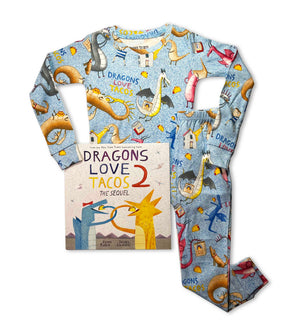 Dragons Love Tacos 2 pajama set with book; dragon and taco print pajamas and hardcover book