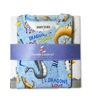 Books to Bed pajama set with Dragons Love Tacos 2 book, folded and wrapped