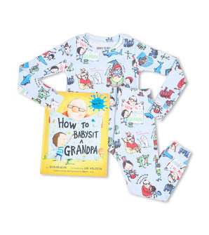 Children's pajama set with playful grandpa illustrations and matching 'How to Babysit a Grandpa' book