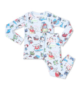 Flat lay of blue pajamas with grandpa and child illustrations