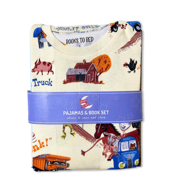 Folded Little Blue Truck pajama set with Books to Bed packaging