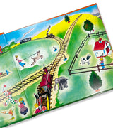 Interior illustration from The Little Engine That Could book; colorful trains and animals