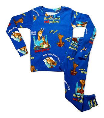 Blue pajama set with Llama Llama Red Pajama story characters and quotes