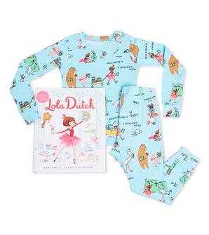 Lola Dutch pajama set with matching book featuring playful illustrations