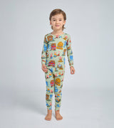 Child wearing Three Little Pigs pajamas with storybook print