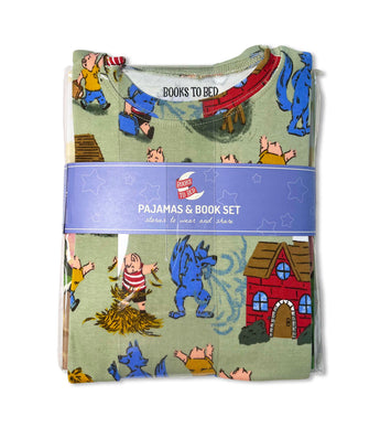 Three Little Pigs pajama set folded with book visible in packaging