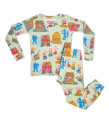 Three Little Pigs pajamas set laid flat, showing print details