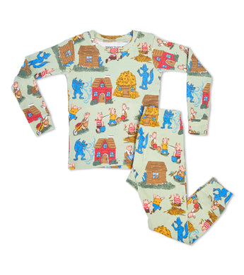 Three Little Pigs pajamas set laid flat, showing print details