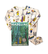 Madeline pajama set with book featuring Paris scenes and characters