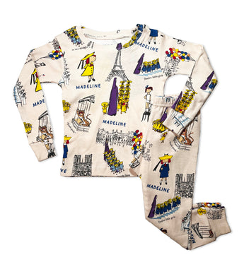 Madeline pajama set with Parisian illustrations, laid flat
