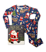 Navy holiday pajama set with Santa and reindeer, plus 'Twas The Night Before Christmas book