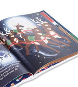 Illustrated book spread of reindeer flying in the night sky