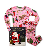 Pink Christmas pajama set with Santa and reindeer print, plus 'Twas the Night Before Christmas book