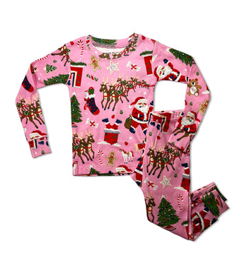 Pink long sleeve Christmas pajamas with Santa, reindeer, and holiday motifs