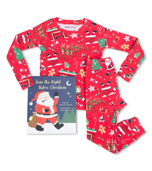 Red holiday pajama set with Christmas-themed print and 'Twas the Night Before Christmas book