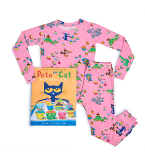 Pink Pete the Cat pajama set with cupcake and animal print and matching book