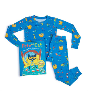 Blue Pete the Cat pajama set with matching Pete the Cat and the Bedtime Blues book
