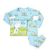 Blue pajama set with Rocket dog print and How Rocket Learned to Read book
