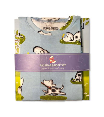 Folded Rocket dog pajama set with book, in branded packaging