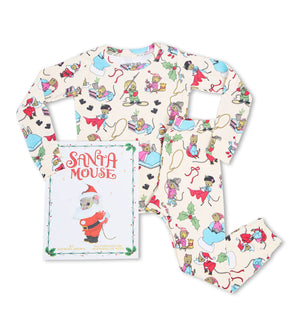 Santa Mouse pajama set with book, featuring festive mouse illustrations